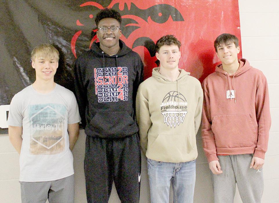Four basketball players from Gregory were recently recognized with conference honors. Those recognized were Lincoln Juracek (left) who received Honorable Mention All Conference for the SCC Conference. Daniel Mitchell (second from left), Cruz Klundt (second from right), and Noah Bearshield (right), were selected to the SESD and SCC All Conference teams. The Gorillas finished their season with an overall record of 20-6, and placed sixth at the State B Basketball Tournament held in Aberdeen.