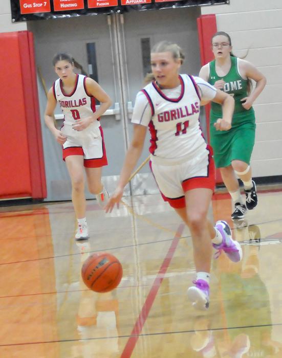 Ashlyn Vosika brings the ball down the court in the Gorillas’ win against Colome in the opening game of the region playoffs.