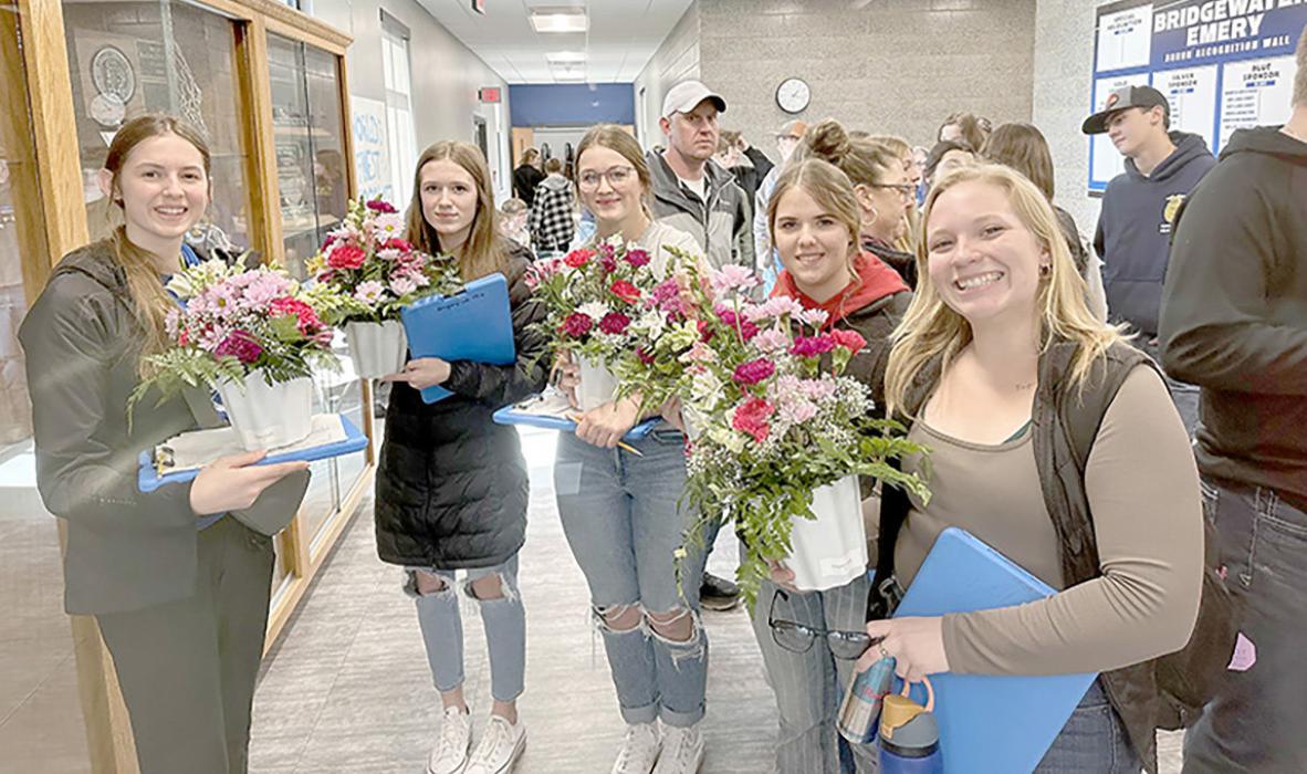 The Gregory County FFA floriculture team members, Regan Graesser, Adelyn Veskrna, Allison Walker, Vanessa Fischer, and Lily Jacobsen, l to r, are shown here with their arrangements they made in the contest in Bridgewater/Emery.