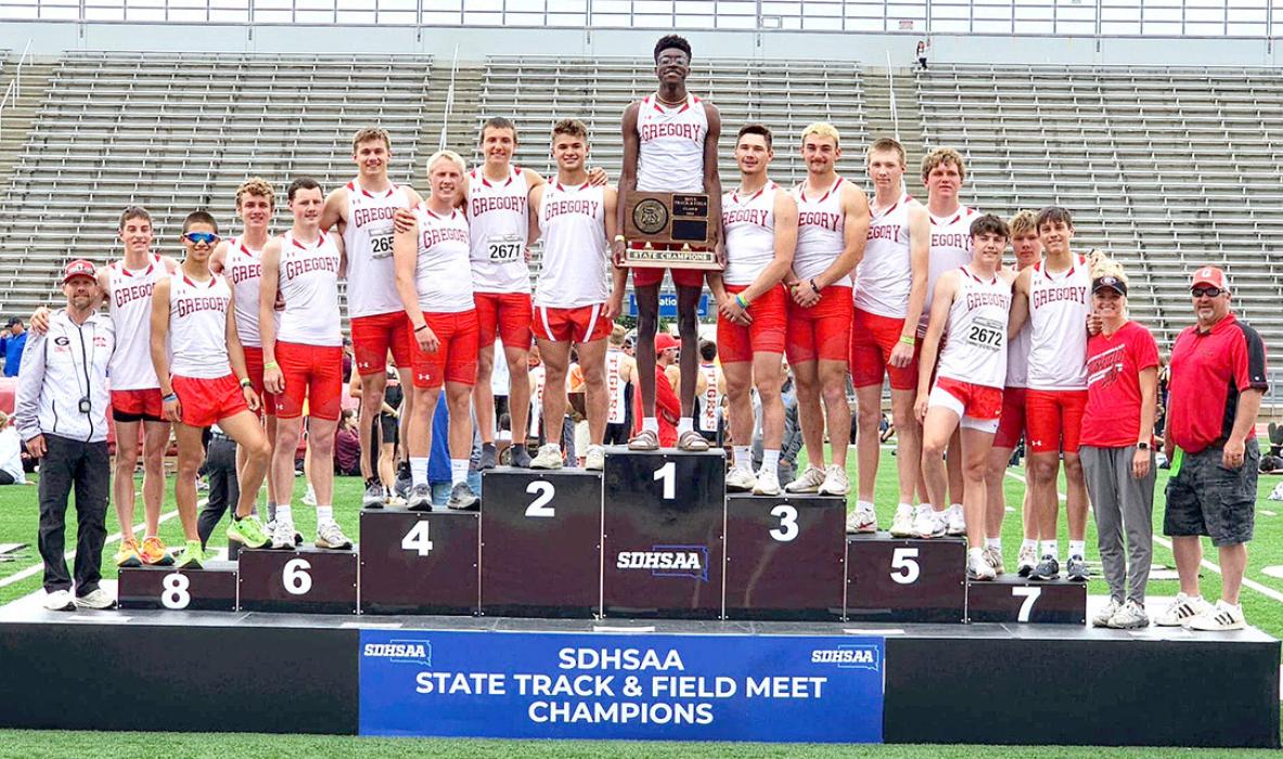 Gregory High School Track Coach Kurt Stukel (far left) is shown here with the 2024 state champion boys track team, along with assistant coaches Cheyenne Lambley and Duane Lunne.